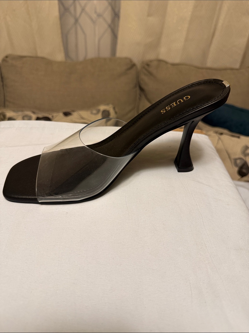 GUESS Black Clear Strap Square Toe Mule Heel